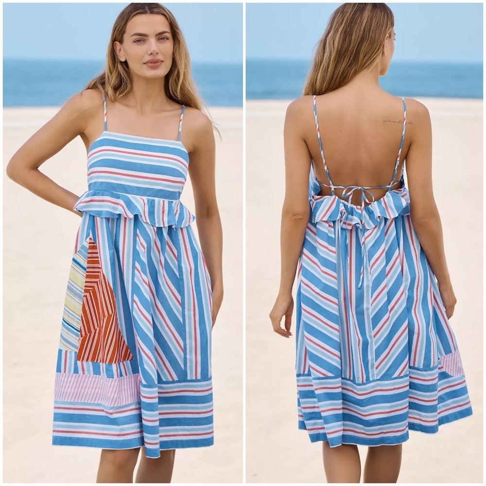 Anthropologie Blue White Pink Striped Midi Dress